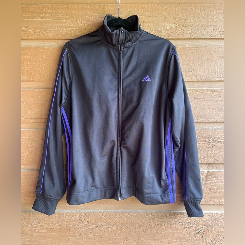 Adidas black and violet purple three striped jogging sweat jacket women’s XL EUC